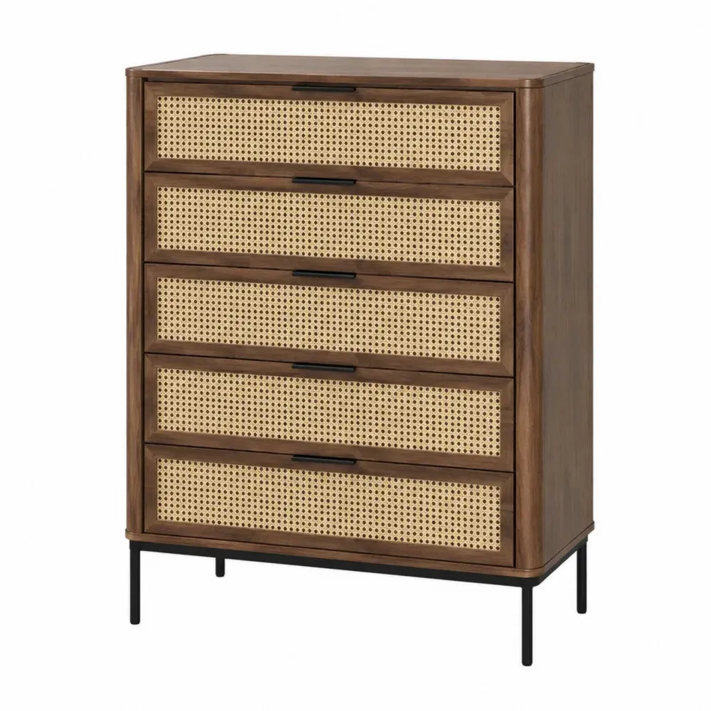 Cómoda rectangular con 5 cajones frontales de ratán MDF y metal color nogal beige y negro 80 x 40 x 100 cm