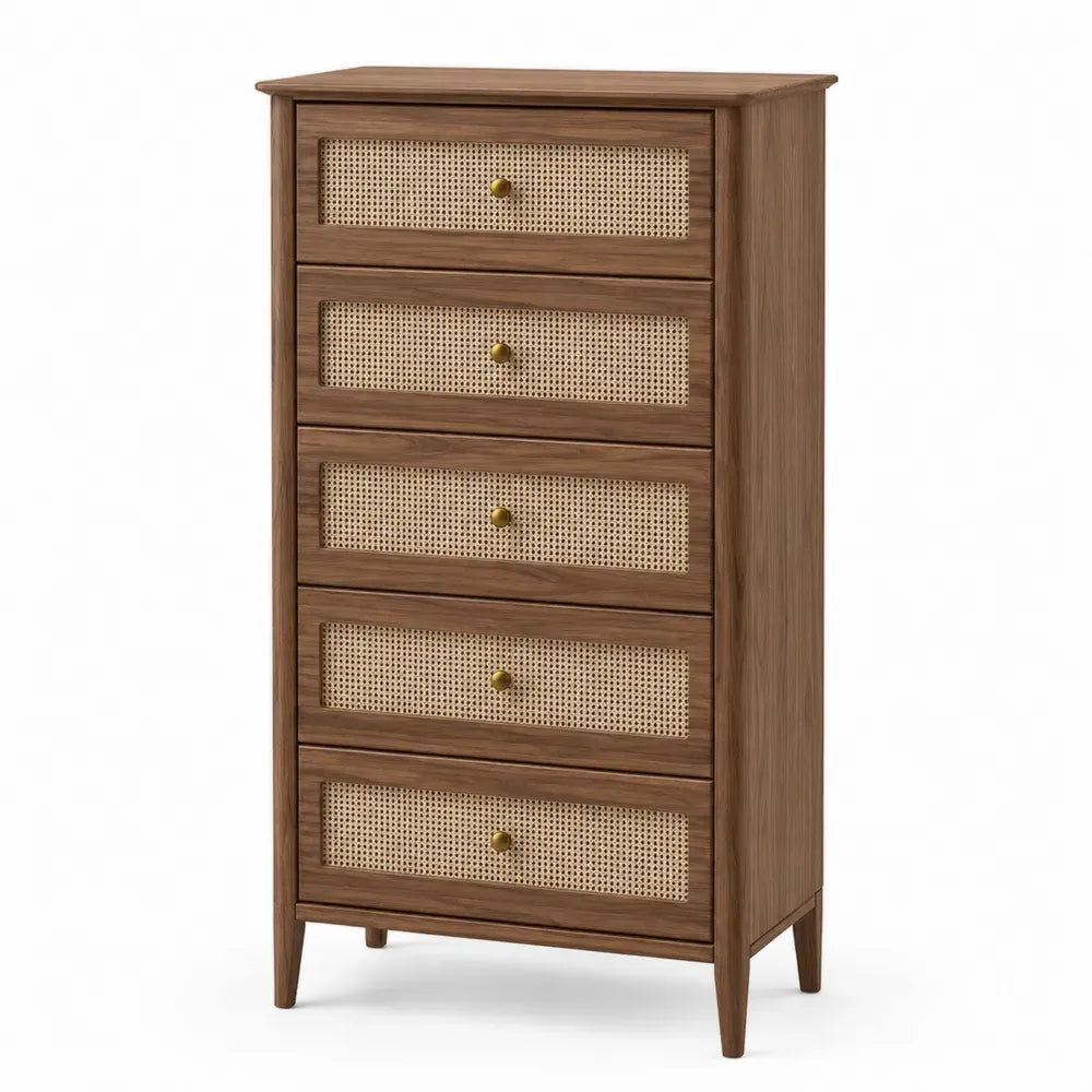 cómoda de dormitorio de 5 cajones de MDF con frentes de ratán madera marrón con patas de madera maciza 80 cm x 40 cm x 100 cm