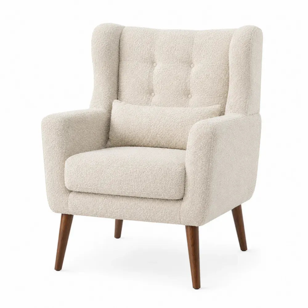 Silla butaca tapizada bouclé poliéster con respaldo alto curvado reposabrazos patas de madera maciza 72 cm x 75 cm x 85 cm color beige claro