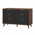 Cómoda rectangular con 6 cajones MDF color nogal negro y dorado 120 x 40 x 75 cm