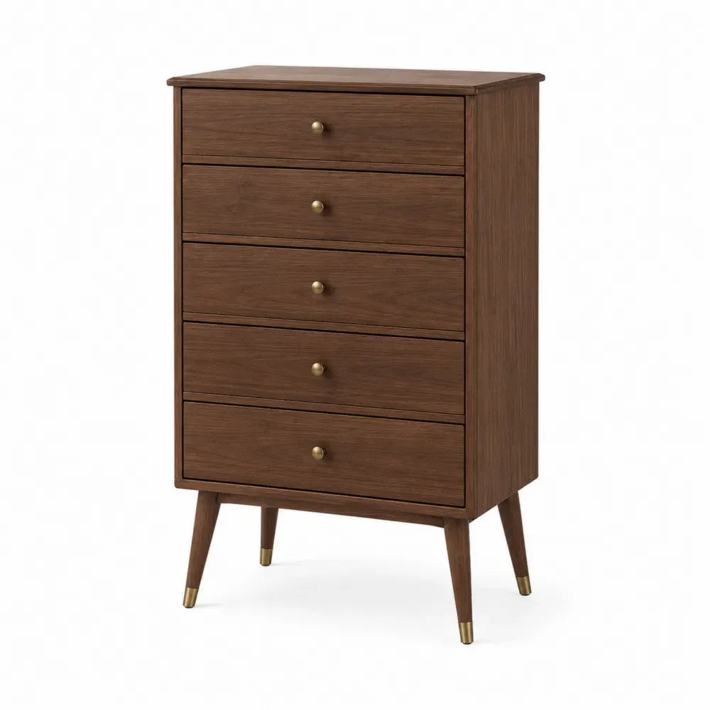 cómoda de 5 cajones de MDF con chapa efecto nogal color marrón patas de madera maciza con detalles dorados 80 cm x 40 cm x 110 cm
