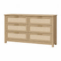 cómoda de dormitorio de MDF con 6 cajones y panel frontal de ratán estructura rectangular acabado madera natural 150 cm x 40 cm x 80 cm