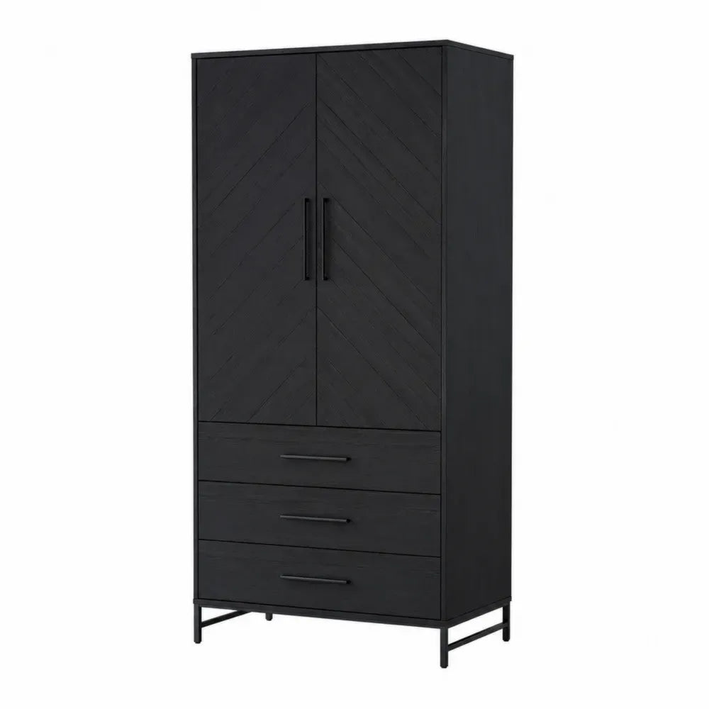 Armario ropero rectangular con 2 puertas y 3 cajones MDF y metal negro 80 x 50 x 180 cm