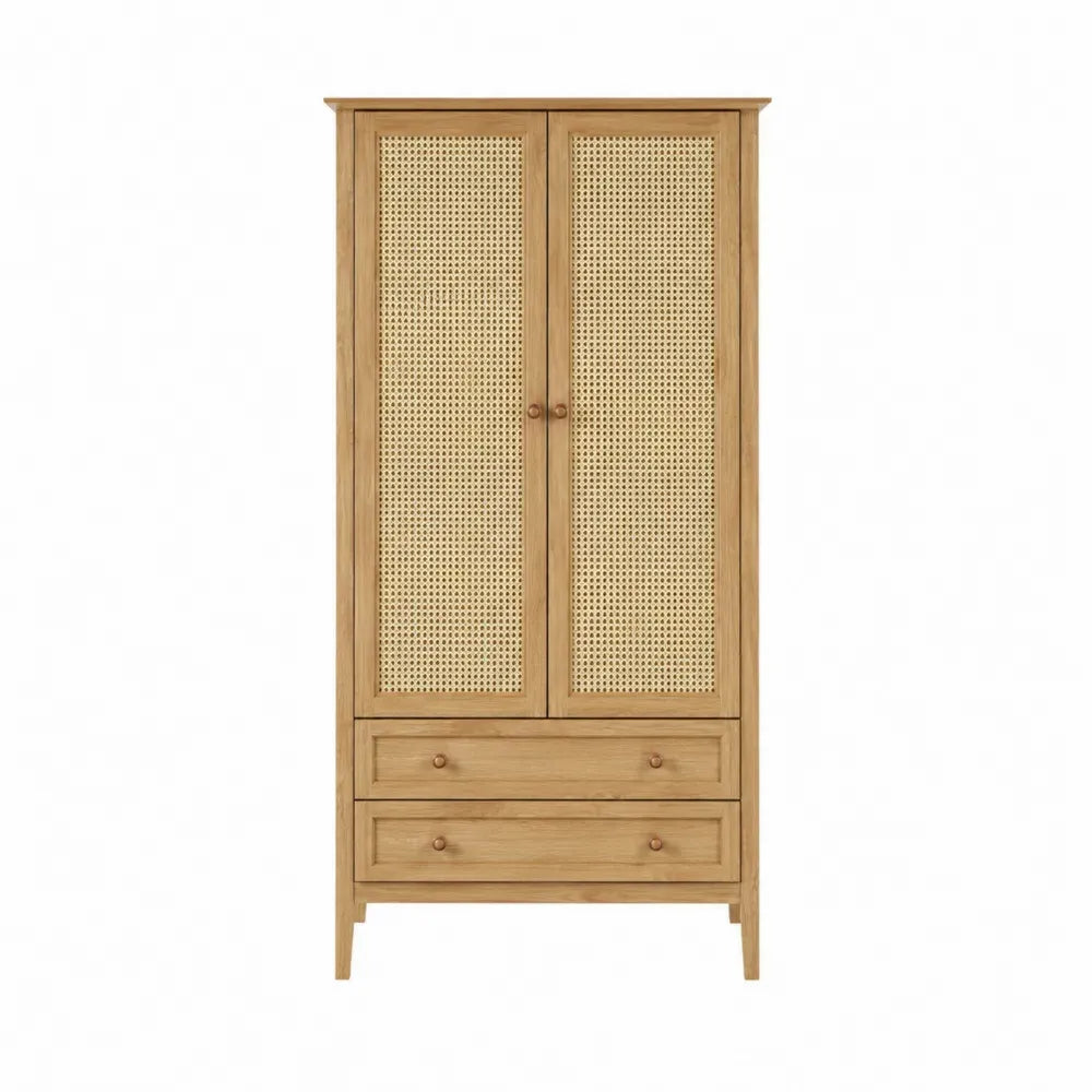 armario de dormitorio de madera con puertas de rejilla de ratán y 2 cajones estructura rectangular color natural 170 cm x 100 cm x 45 cm