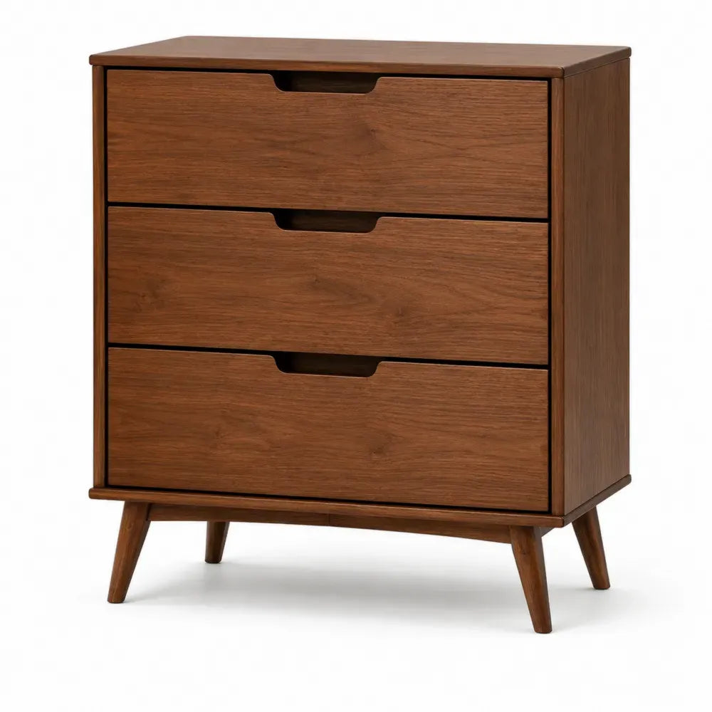 cómoda de dormitorio de MDF chapado en nogal con 3 cajones y patas de madera maciza color nogal oscuro 80 cm x 75 cm x 40 cm