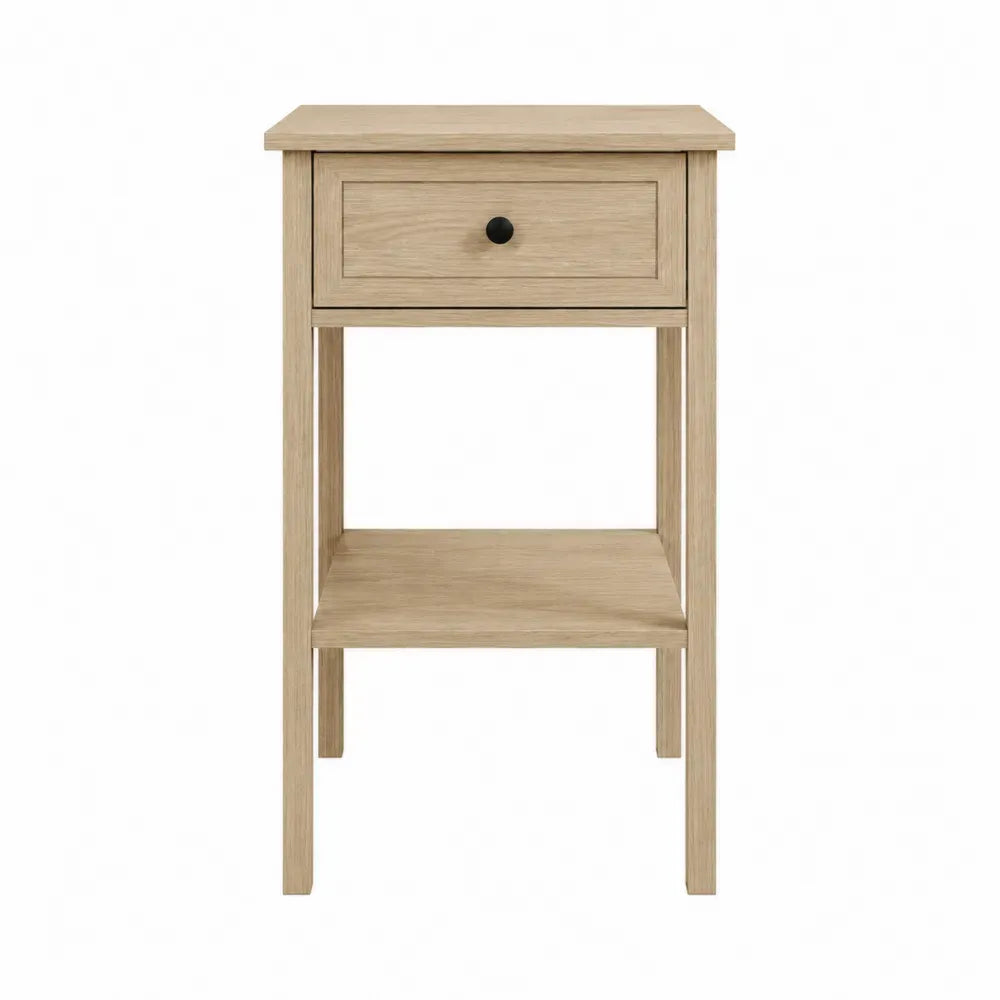 Mesita de noche de madera clara con cajón y estante abierto 40 x 30 x 55 cm con tirador negro