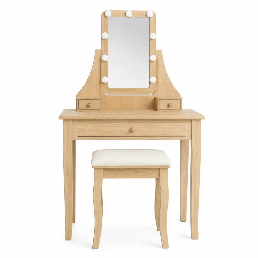 tocador con espejo iluminado LED 80 cm x 40 cm x 135 cm MDF madera roble natural con taburete y cajones almacenamiento color beige