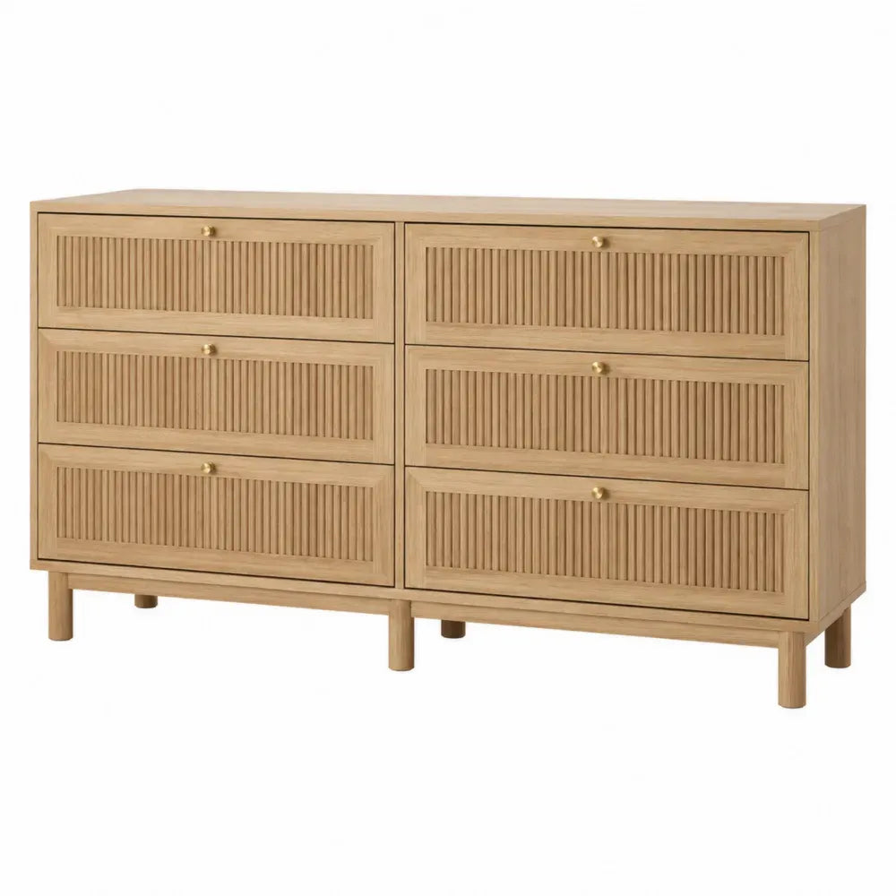 Cómoda rectangular con 6 cajones frontales acanalados MDF color roble claro y dorado 120 x 40 x 80 cm
