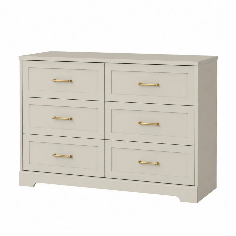 cómoda de 6 cajones MDF con acabado melamina color beige tiradores metálicos dorados 120 cm x 40 cm x 80 cm