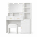 Tocador rectangular con espejo LED taburete estantes cajones y armario lateral MDF blanco y dorado 100 x 40 x 140 cm