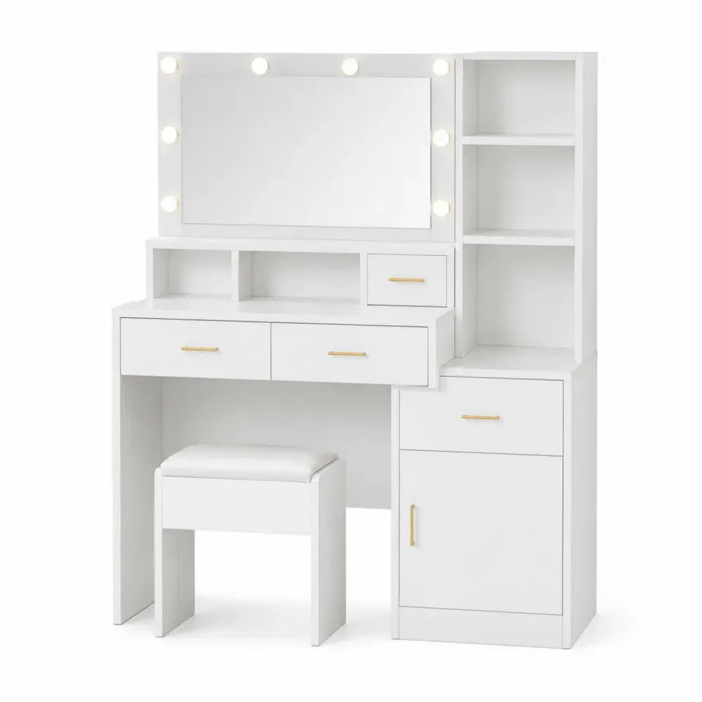 Tocador rectangular con espejo LED taburete estantes cajones y armario lateral MDF blanco y dorado 100 x 40 x 140 cm