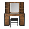 tocador de dormitorio con espejo LED integrado MDF madera con estanterías laterales y 10 cajones estructura rectangular color madera oscura y negro 140 cm x 45 cm x 140 cm