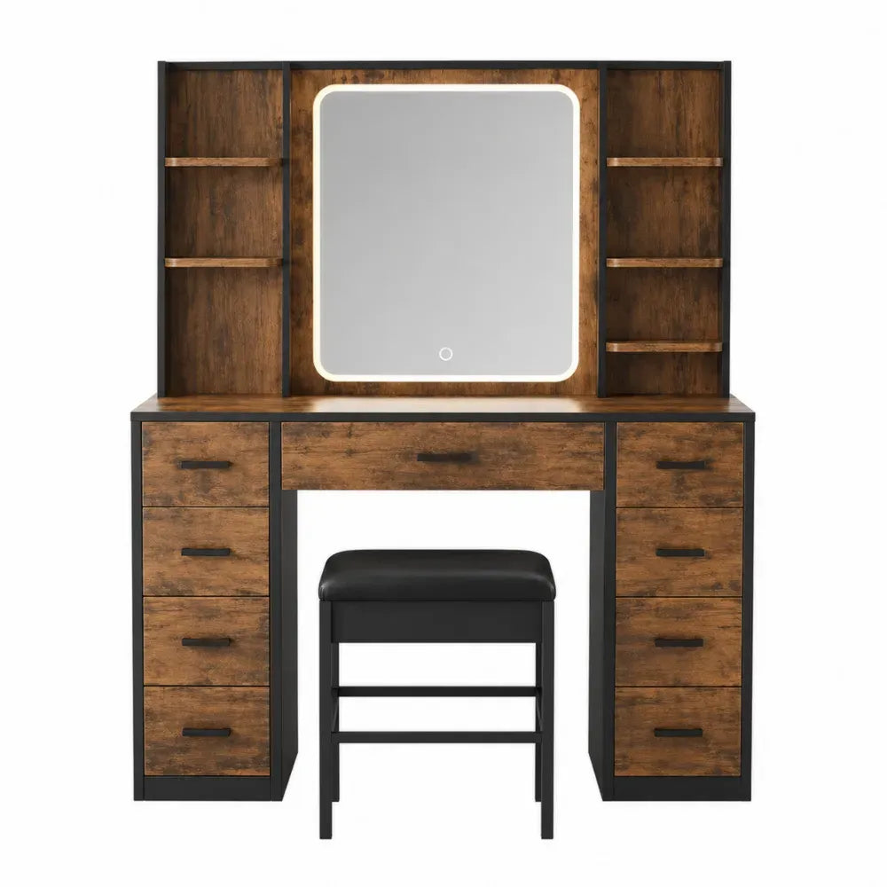 tocador de dormitorio con espejo LED integrado MDF madera con estanterías laterales y 10 cajones estructura rectangular color madera oscura y negro 140 cm x 45 cm x 140 cm