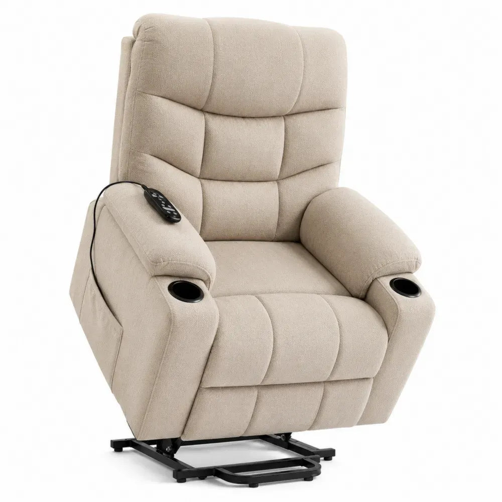 Sillón reclinable eléctrico elevador tapizado en tejido de poliéster beige con reposapiés y portavasos 85 x 90 x 105 cm