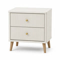 Mesita de noche rectangular con 2 cajones frontales acanalados MDF blanco crema madera natural y dorado 45 x 40 x 50 cm