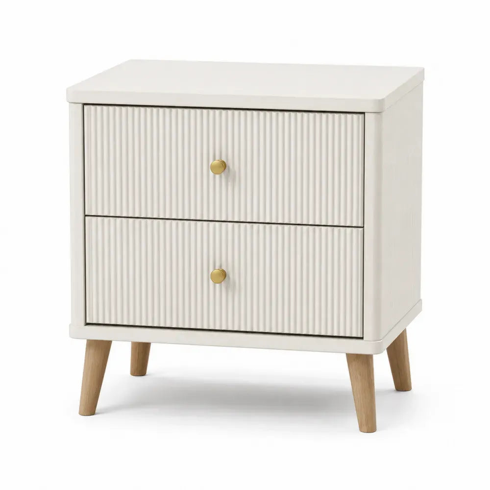 Mesita de noche rectangular con 2 cajones frontales acanalados MDF blanco crema madera natural y dorado 45 x 40 x 50 cm