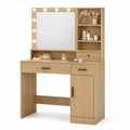 Tocador rectangular con espejo LED estantes cajones y armario lateral MDF color roble claro y negro 120 x 40 x 140 cm