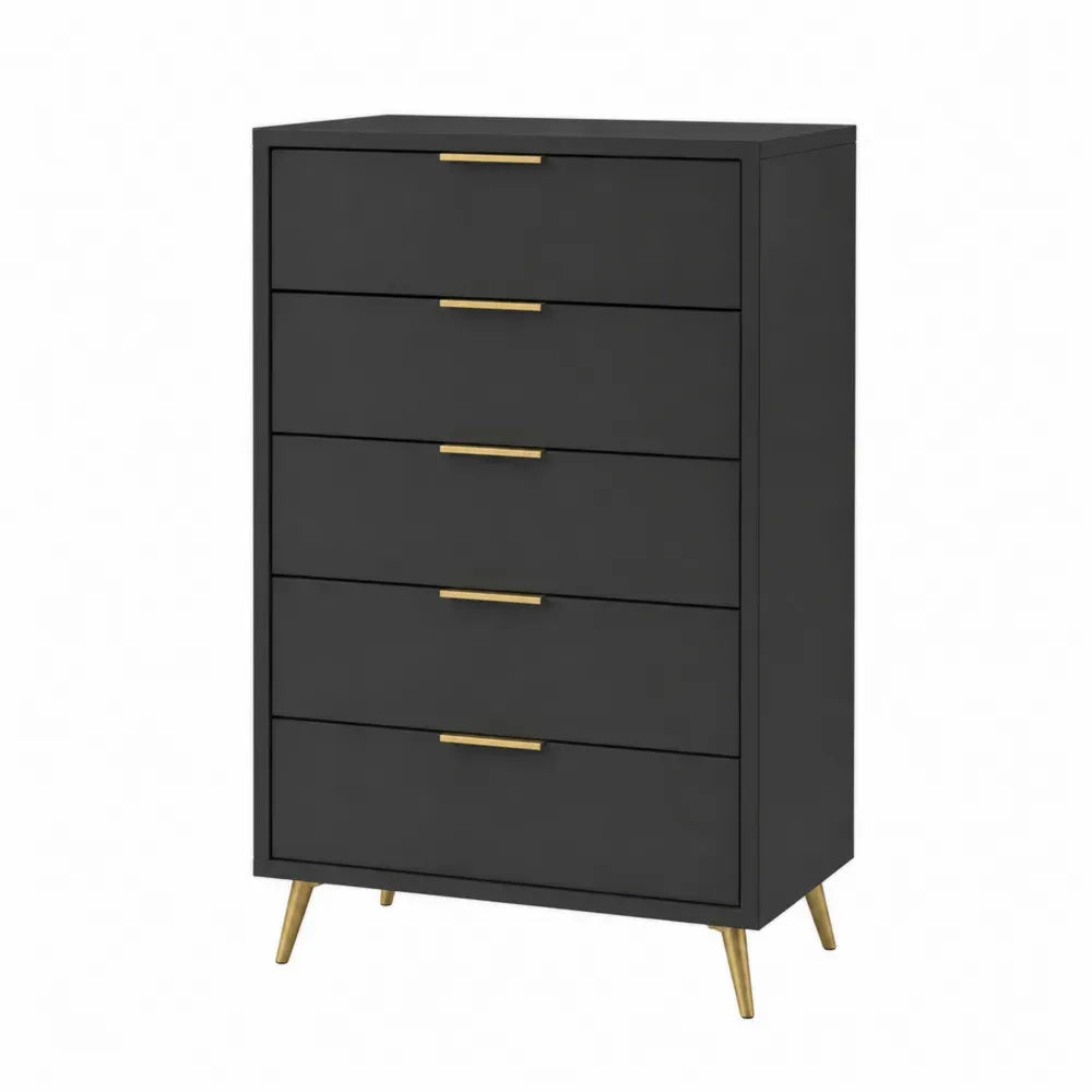 cómoda de dormitorio de MDF con 5 cajones estructura rectangular color negro con tiradores dorados y patas metálicas 100 cm x 60 cm x 40 cm