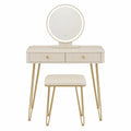 tocador con espejo LED redondo 110 cm x 40 cm x 140 cm MDF blanco con cajones y taburete dorado