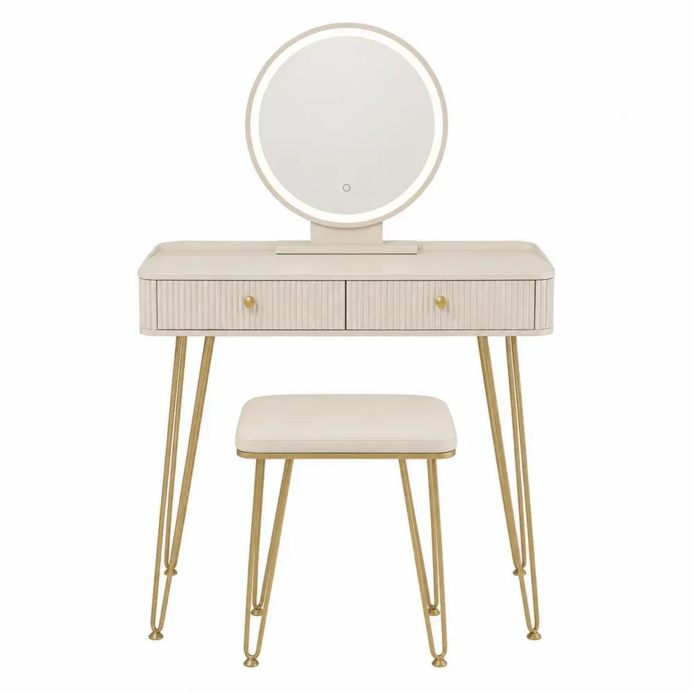 tocador con espejo LED redondo 110 cm x 40 cm x 140 cm MDF blanco con cajones y taburete dorado