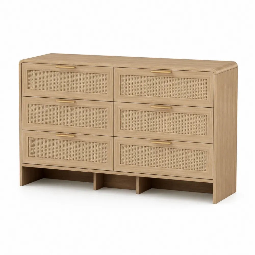 Cómoda rectangular con 6 cajones frontales de ratán MDF color roble claro beige y dorado 120 x 40 x 75 cm
