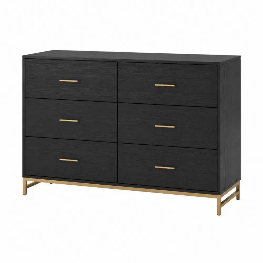 cómoda de 6 cajones de MDF con acabado melamina color negro tiradores metálicos dorados 120 cm x 40 cm x 80 cm