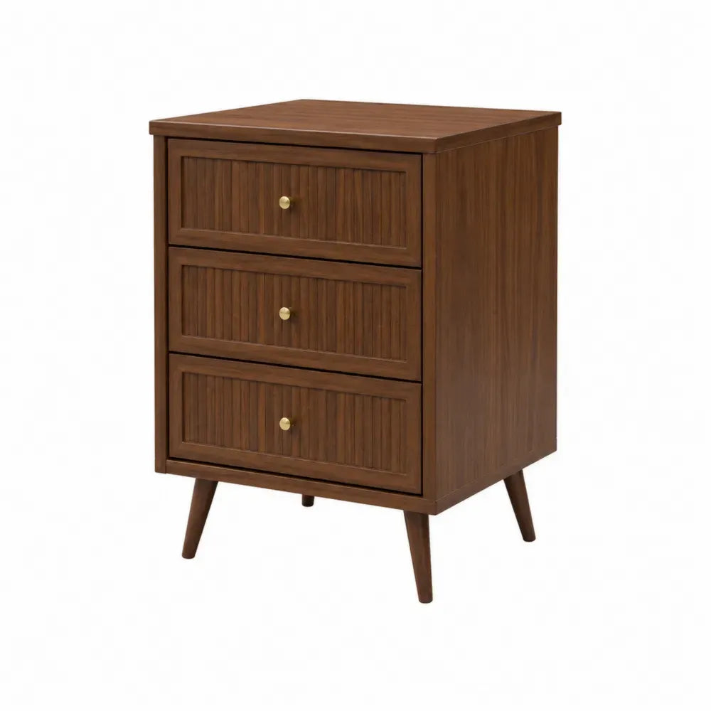 Mesita de noche rectangular de 3 cajones MDF con chapa de nogal patas de madera de caucho marrón nogal 45 cm x 40 cm x 60 cm