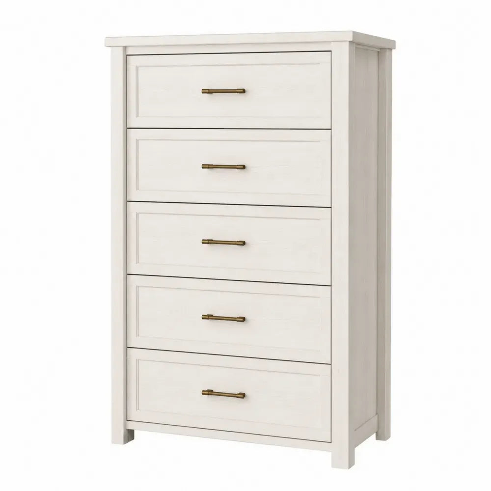 cómoda de dormitorio de MDF con 5 cajones en estructura rectangular acabado blanco y madera natural con tiradores dorados 80 cm x 40 cm x 120 cm