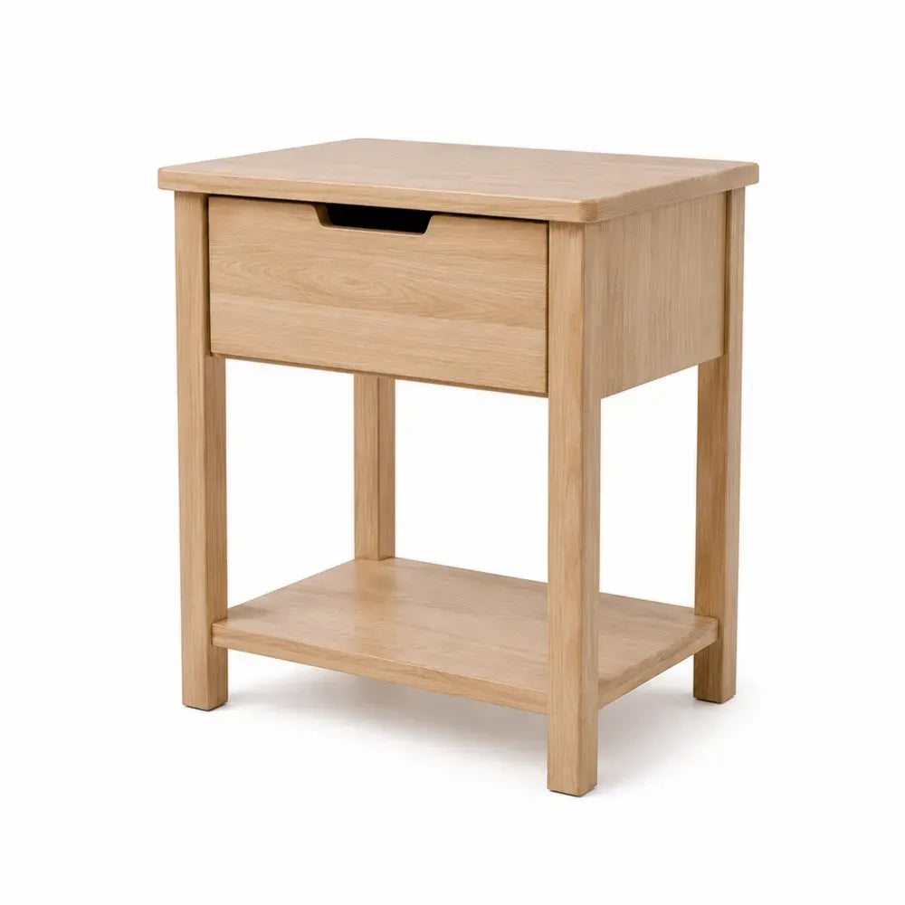 mesita de noche con cajón y estante de MDF efecto roble claro con patas de madera maciza 45 cm x 35 cm x 50 cm
