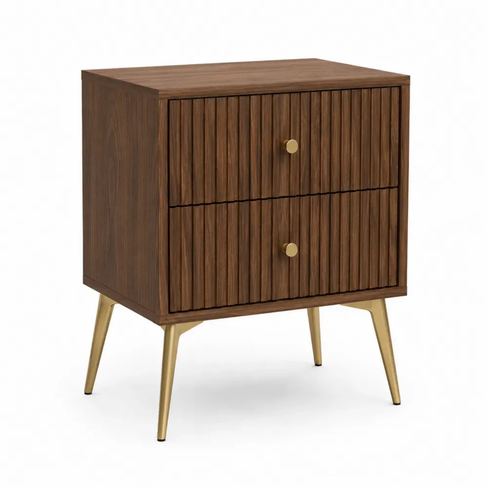 Mesita de noche rectangular con 2 cajones MDF color nogal y patas metálicas doradas 45 x 40 x 55 cm