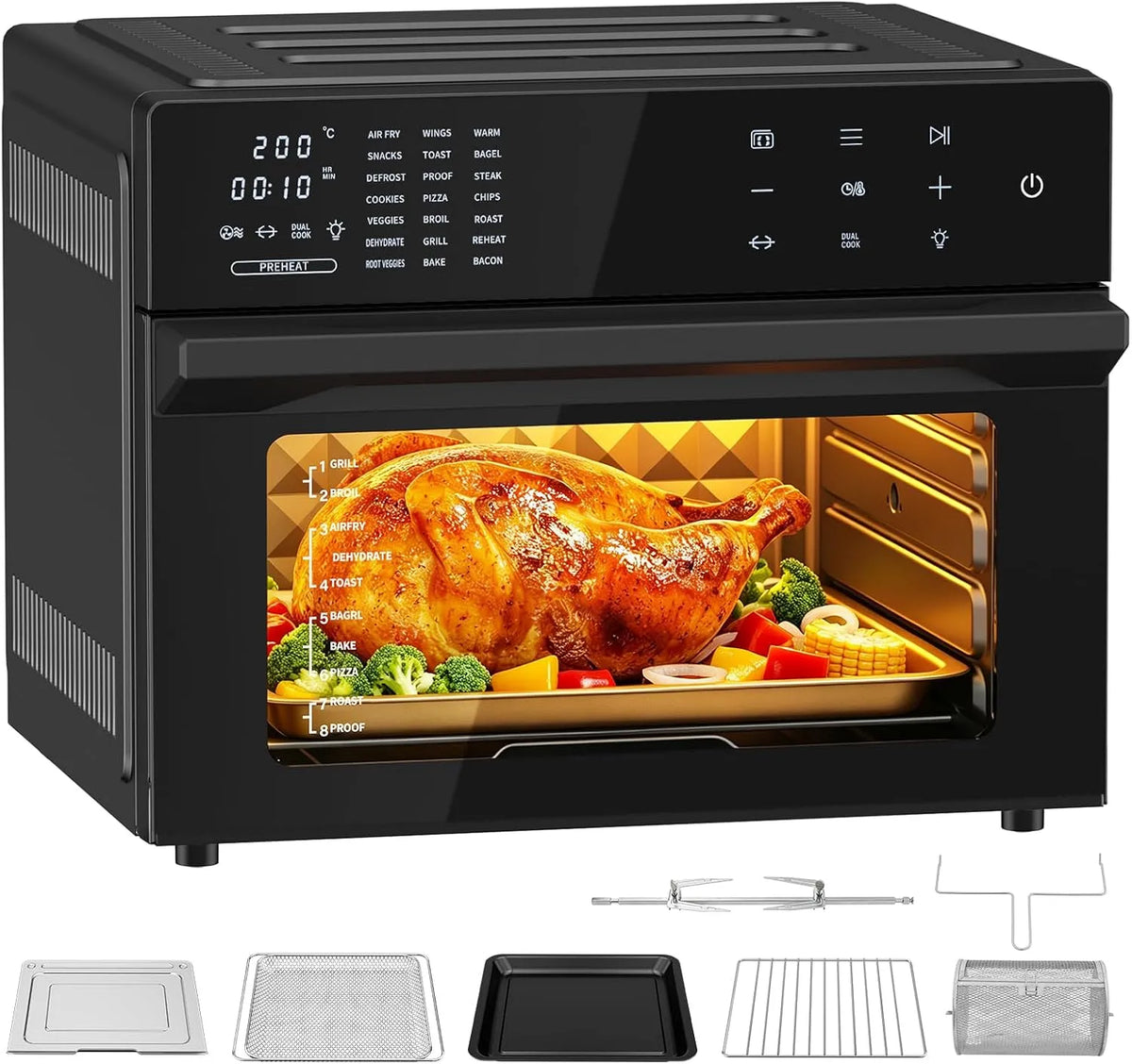 GUIVACI, Airfryere, Varmeovn XXL 30L - varmluftovn med LED-touchscreen, luftcirkulation, 21, Sort, 30L, 1800W, 6 kg, 21 v