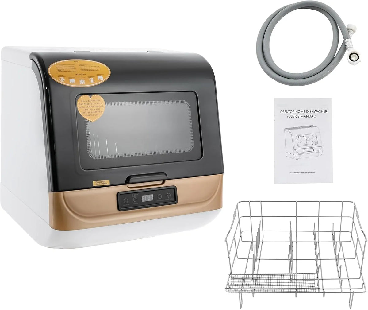DHQCQL IPX1, Bordopvaskemaskiner, 44.8cm Mini opvaskemaskine, 800W bordopvaskemaskine med 3 vaskningsprogrammer, Guld, 44.8cm, 800W, 3 v, 220V