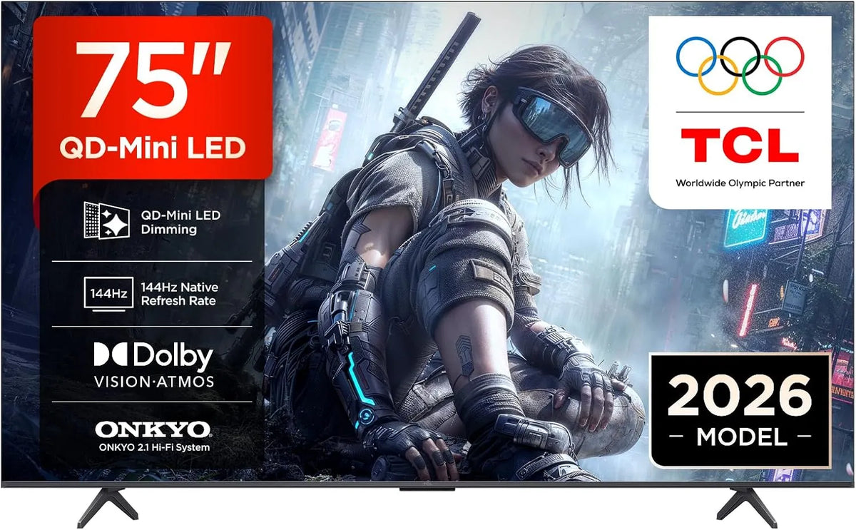 TCL 75T8D, Bærbare TV'er, QD- Mini LED 75 tommer TV, 4K Smart TV, Google TV, 144 Hz, Sort, Mini LED, 4K, QLED