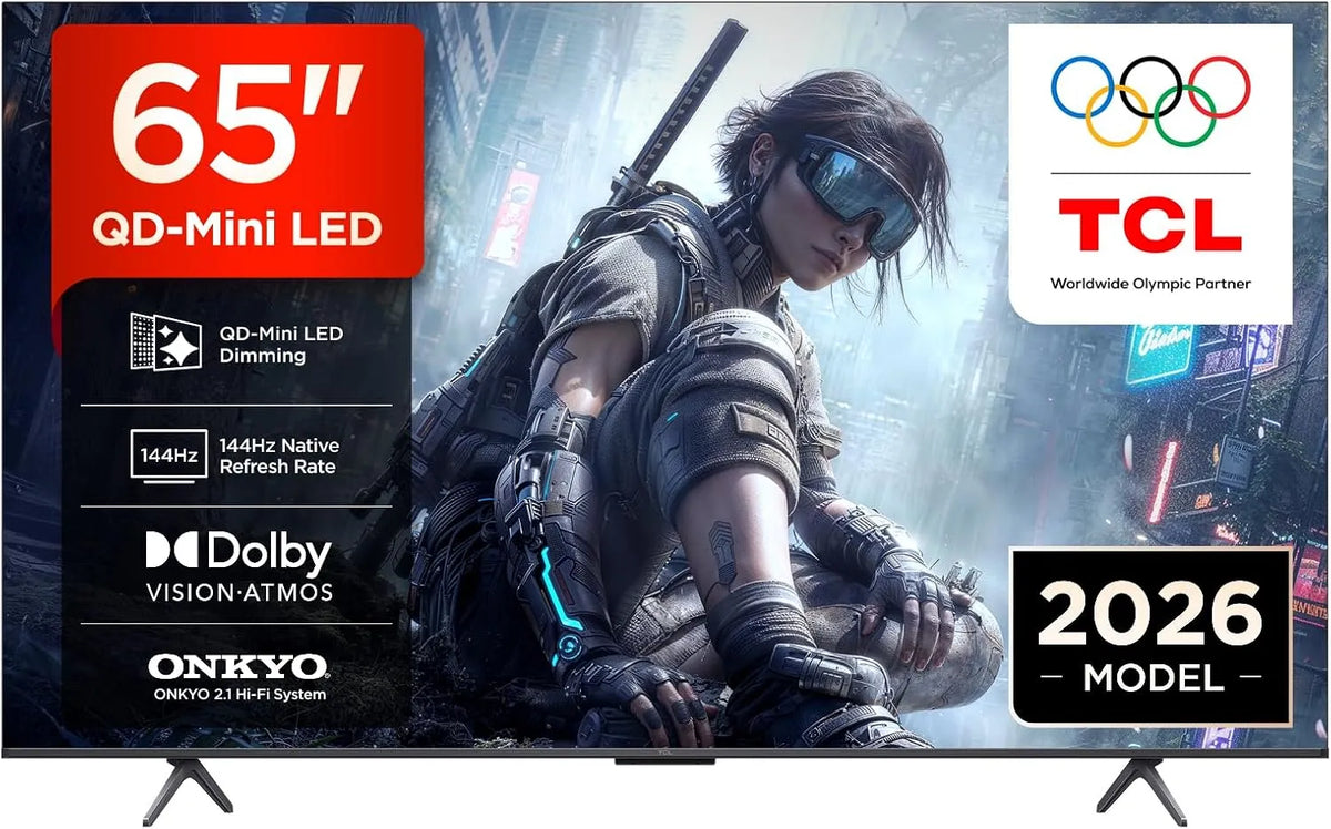 TCL 65T8D, Bærbare TV'er, QD- Mini LED 65- tommer TV, 4K Smart TV, Google TV, 144 Hz, Sort, Mini LED, 4K, QLED