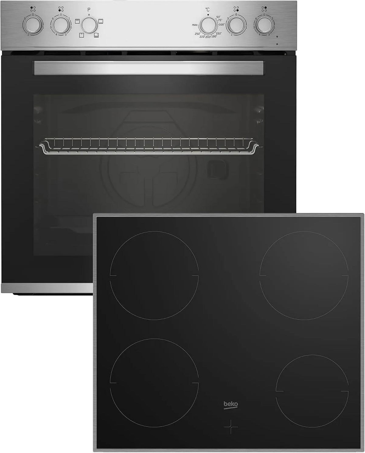 Beko BBUC12020X, Komfursæt, Bygge- i komfur sæt, multifunktionel ovn med 4 varmetyper og glas keramik, Sort / sølv, 4 v, 74 l, 180 mm, 140 mm