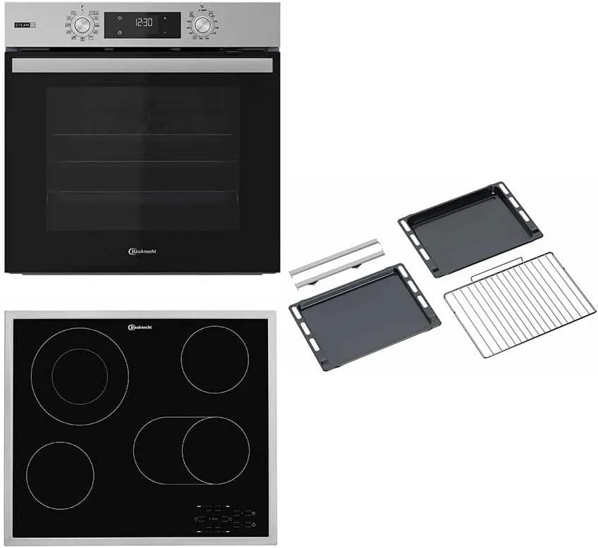 Bauknecht Glaskeramik-Kochfeld/60cm/Inox, Komfursæt, A+/ BAKO 466 Steam RAD Installationsovnkombination / varmluftovn med 12, Sølv, 60cm, 83 l