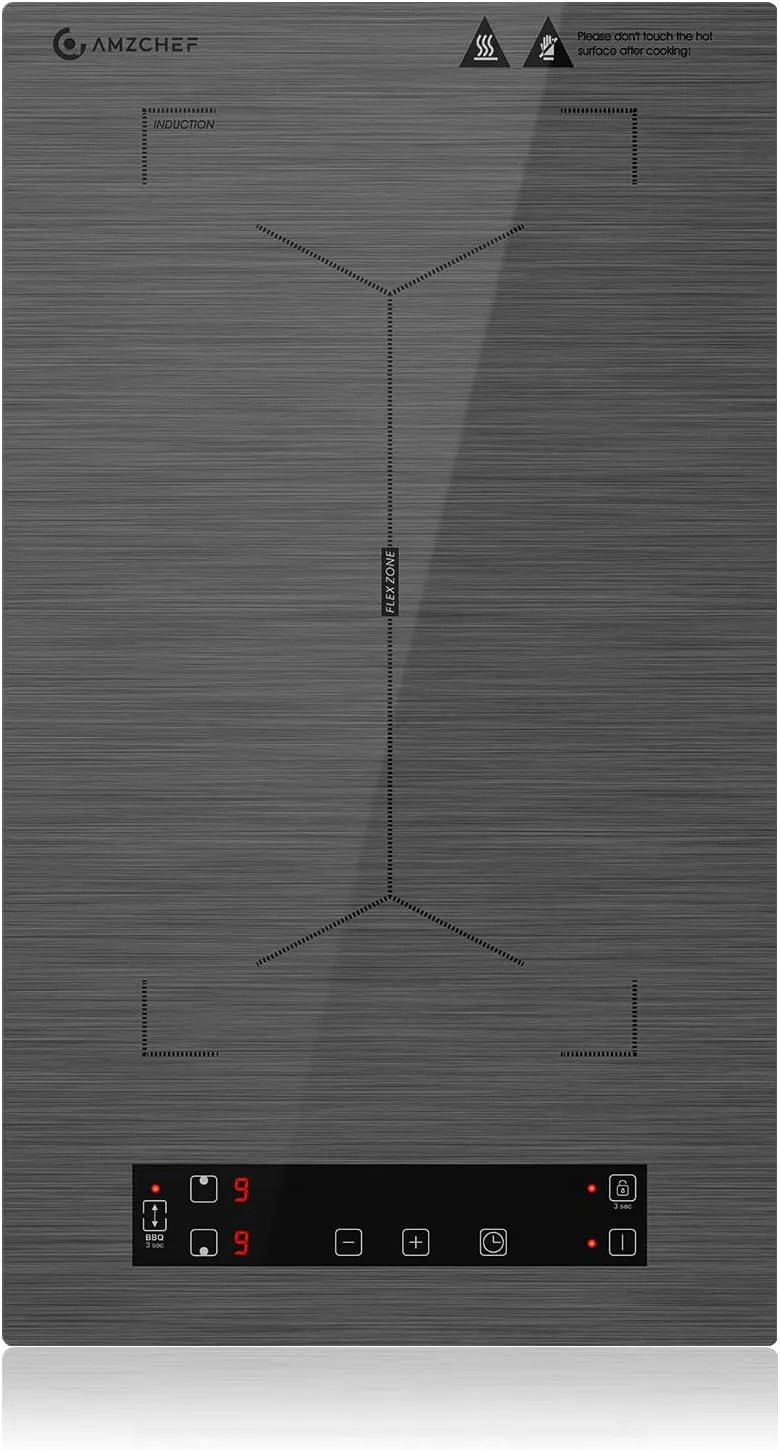 AMZCHEF, Kogeplader, induktionsspole 2 plader, induktionsvarmplade med flexzoner og -stik, 10, Grå, 3300W, 40 x 20 cm, 30 cm, 52 cm