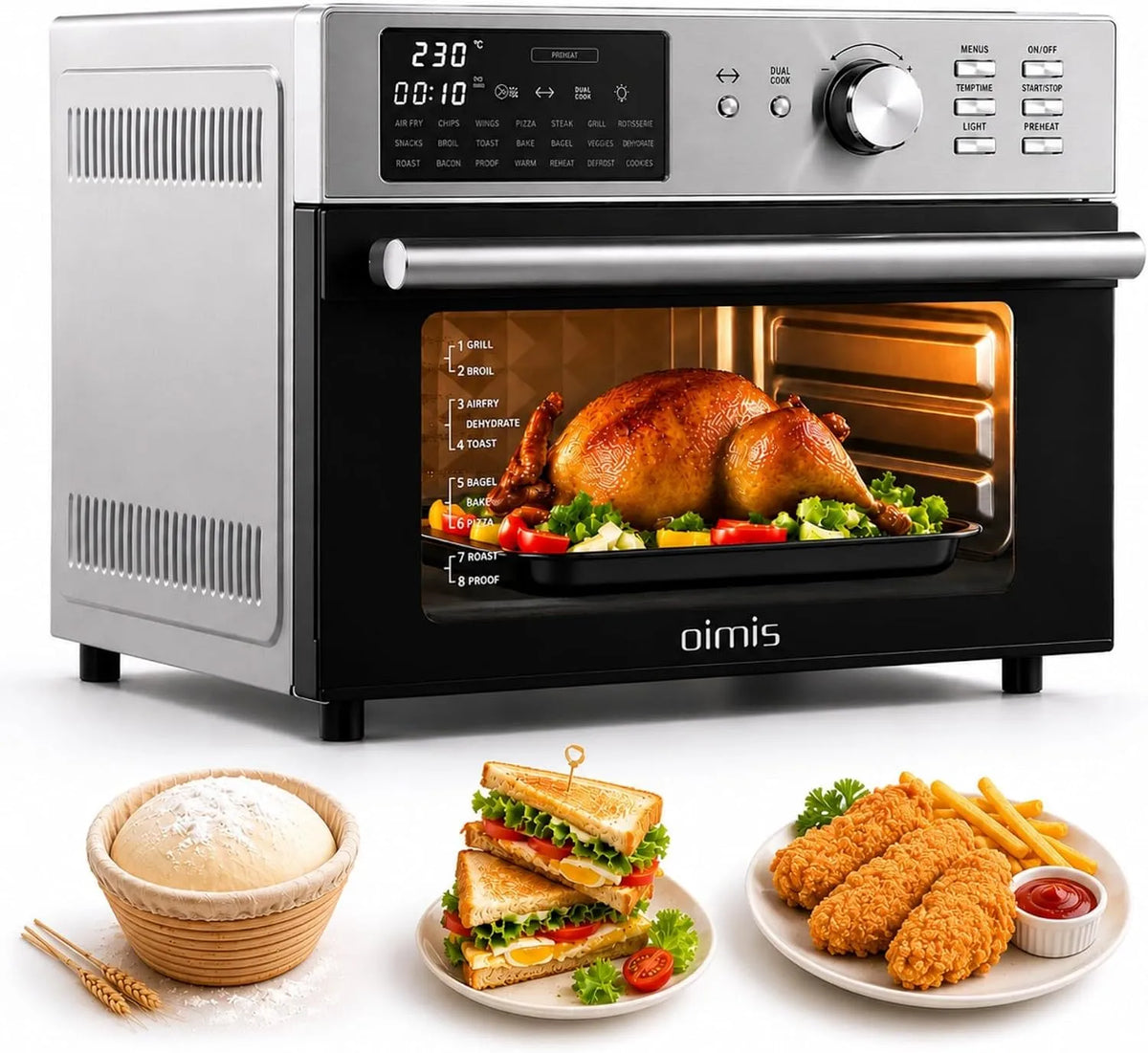 OIMIS C-230, Airfryere, Varm luft friturekoger xxl 30 ° C -230 ° C, Mini ovn med recirkuleret luft, 1800W, Sølv, 230 V
