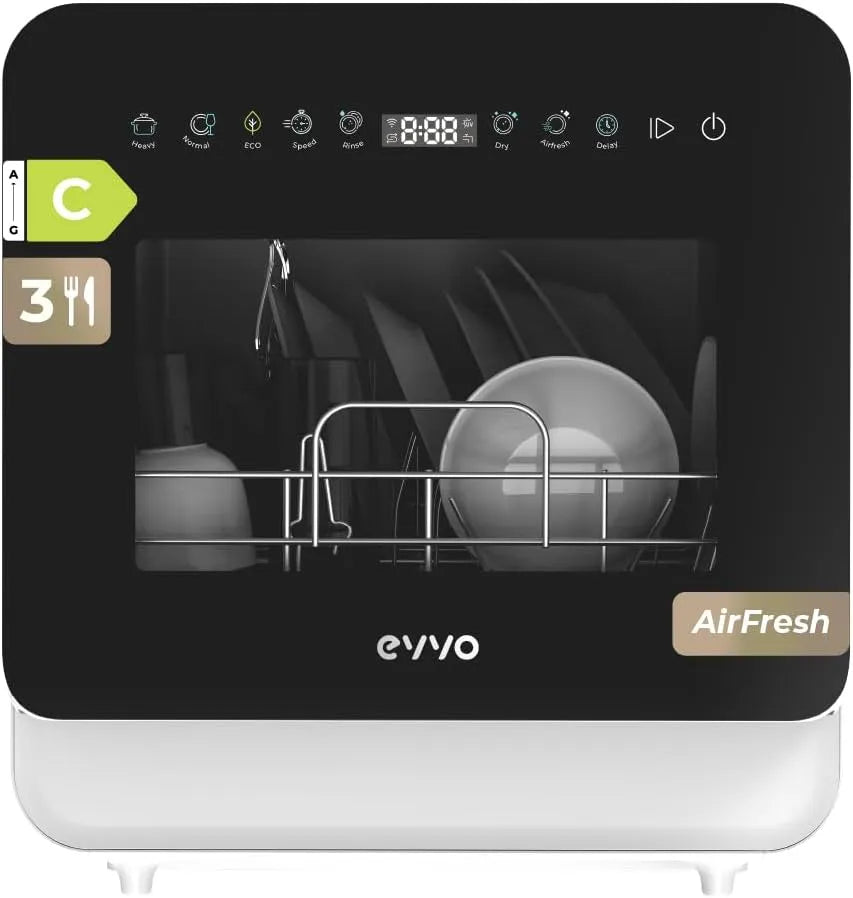 EVVO, Bordopvaskemaskiner, Mini D Trip 3 - Kompakt opvaskemaskine, 3 lofter, Energy Class C, 6 programmer, Hvid, 3 l, 45 cm, 6 v