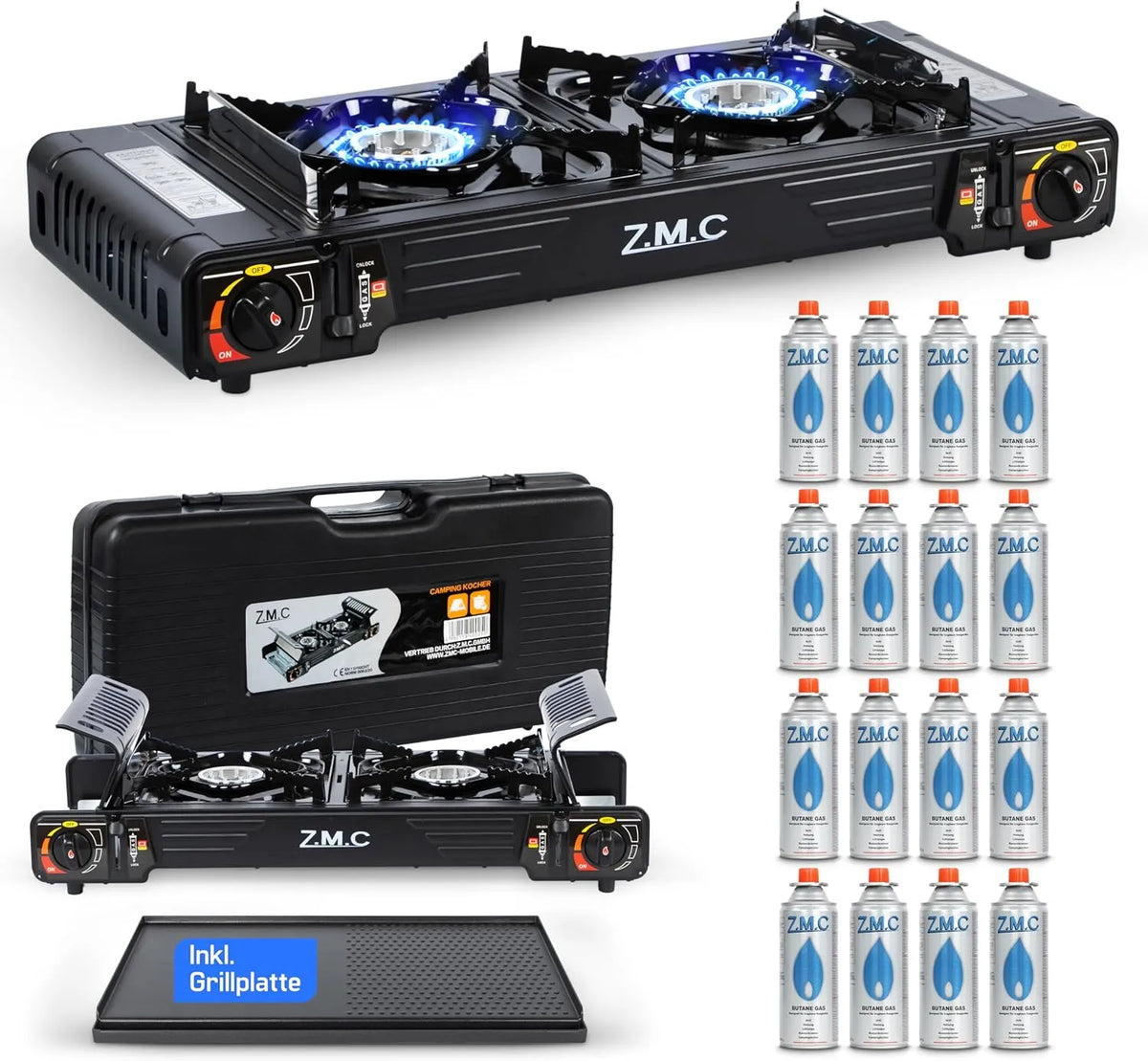 Z.M.C 2-flammig, Campingovne, ZMC Camping Kocher 2- flamme 2, 5 kW med piezo tænding & TRANSPORTKOFFER, Sort, 2, 5 kW, 0 kW, 4, 155 g